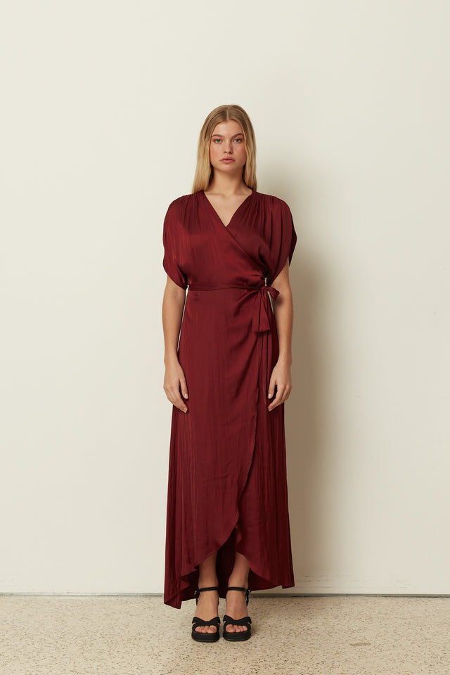 BORDEAUX SATIN RUFFLED DRESS