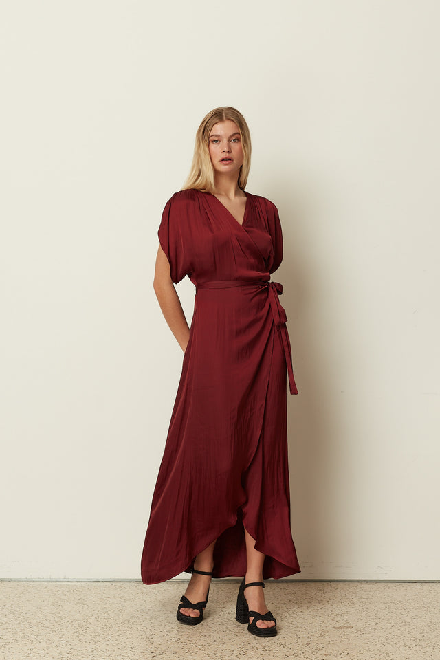 BORDEAUX SATIN RUFFLED DRESS