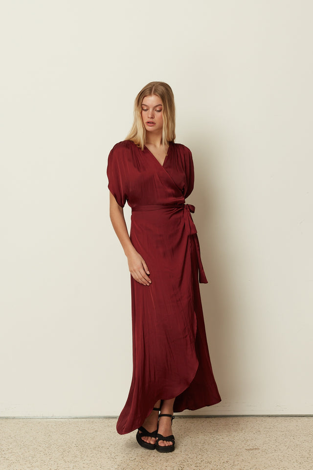BORDEAUX SATIN RUFFLED DRESS