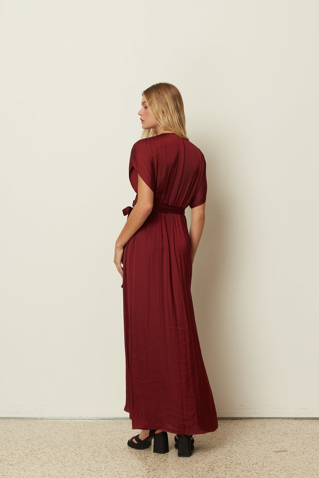 BORDEAUX SATIN RUFFLED DRESS