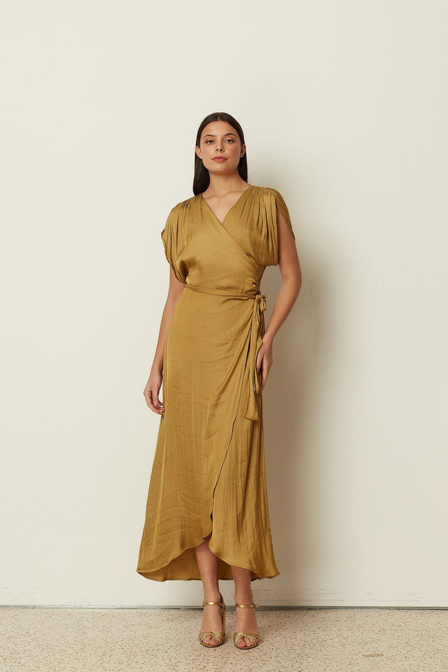OLIVE SATIN RUFFLED WRAP DRESS