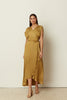 OLIVE SATIN RUFFLED WRAP DRESS