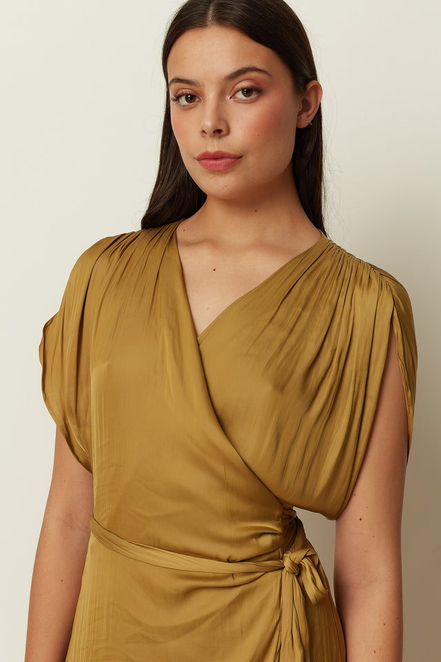 OLIVE SATIN RUFFLED WRAP DRESS
