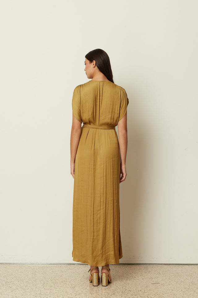 OLIVE SATIN RUFFLED WRAP DRESS