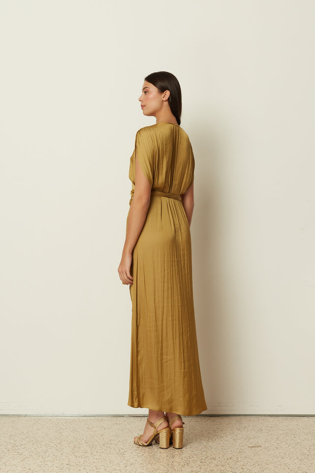 OLIVE SATIN RUFFLED WRAP DRESS
