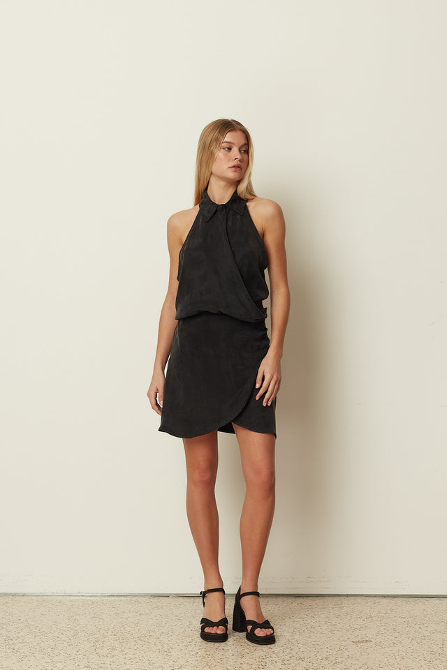 BLACK WRAP COLLAR MINI DRESS