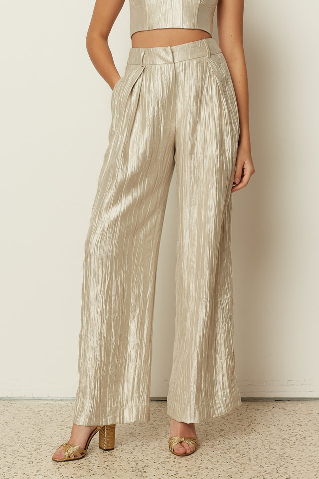 VANILLA METALLIC PLEATED WIDE LEG PANTS