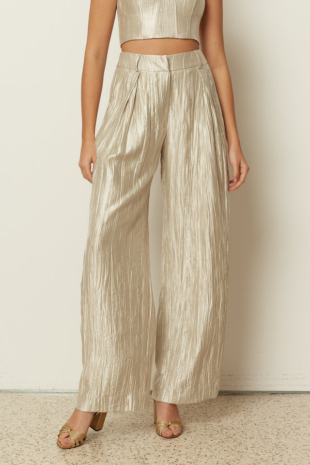 VANILLA METALLIC PLEATED WIDE LEG PANTS