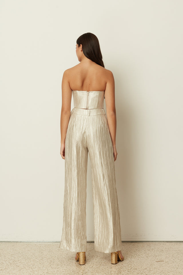 VANILLA METALLIC PLEATED WIDE LEG PANTS