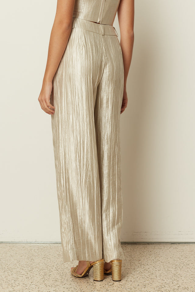 VANILLA METALLIC PLEATED WIDE LEG PANTS