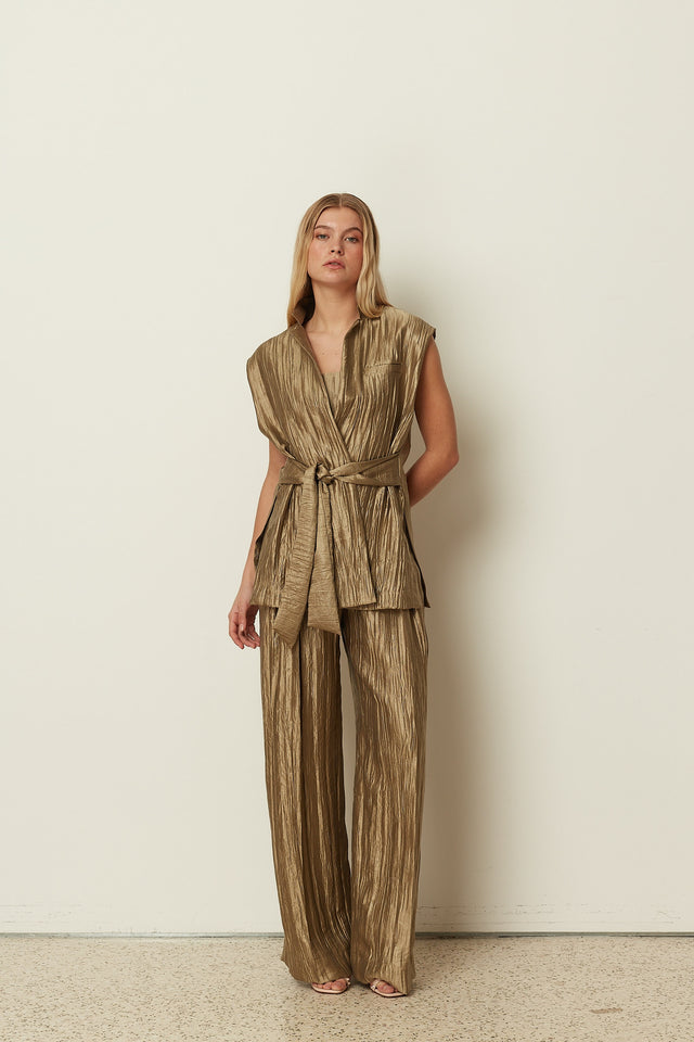 KHAKI METALLIC PLEATED WIDE LEG PANTS