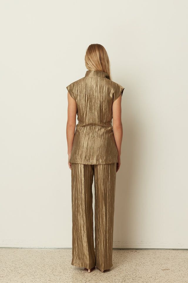 KHAKI METALLIC PLEATED WIDE LEG PANTS