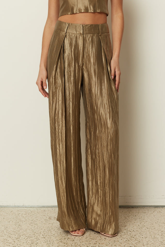 KHAKI METALLIC PLEATED WIDE LEG PANTS