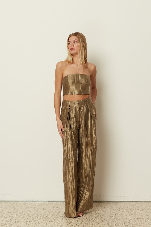 KHAKI METALLIC PLEATED WIDE LEG PANTS