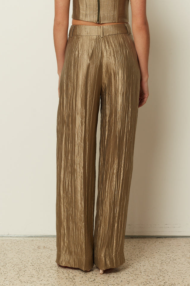 KHAKI METALLIC PLEATED WIDE LEG PANTS