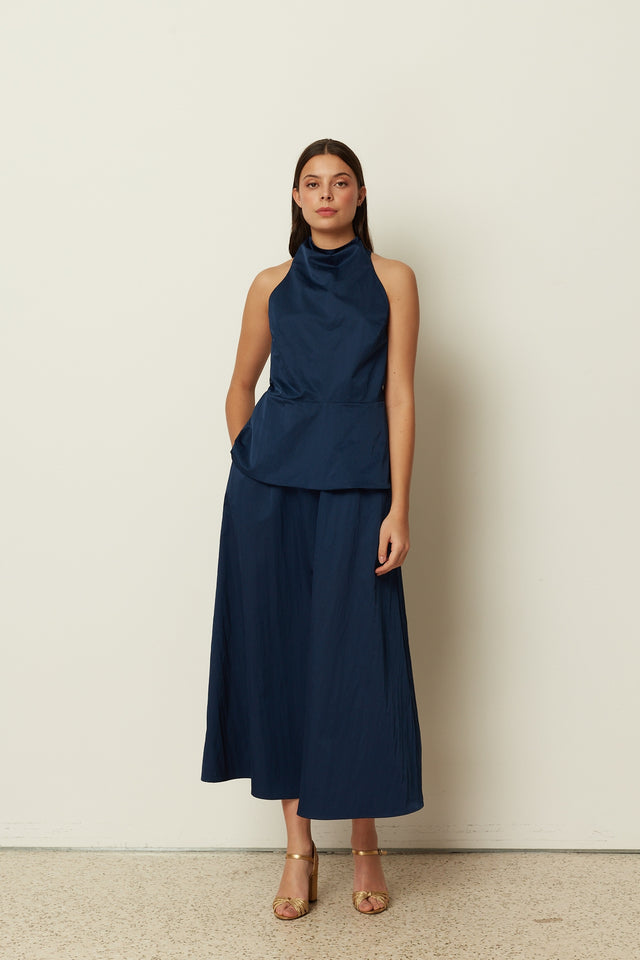 BLUE HALTER DRAPED TOP