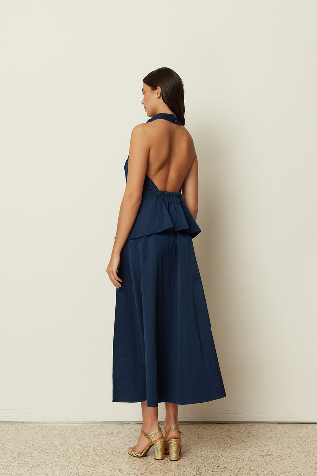 BLUE HALTER DRAPED TOP