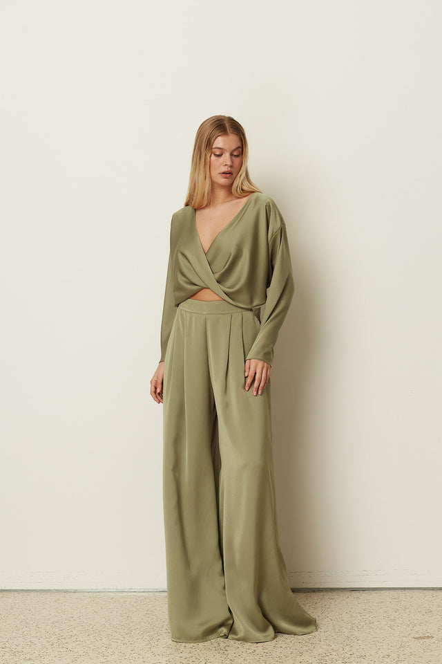 KHAKI SATIN WIDE-LEG PANTS
