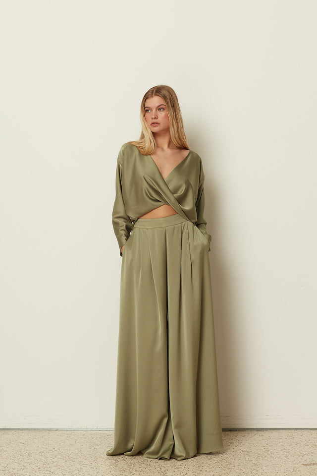 KHAKI SATIN WIDE-LEG PANTS