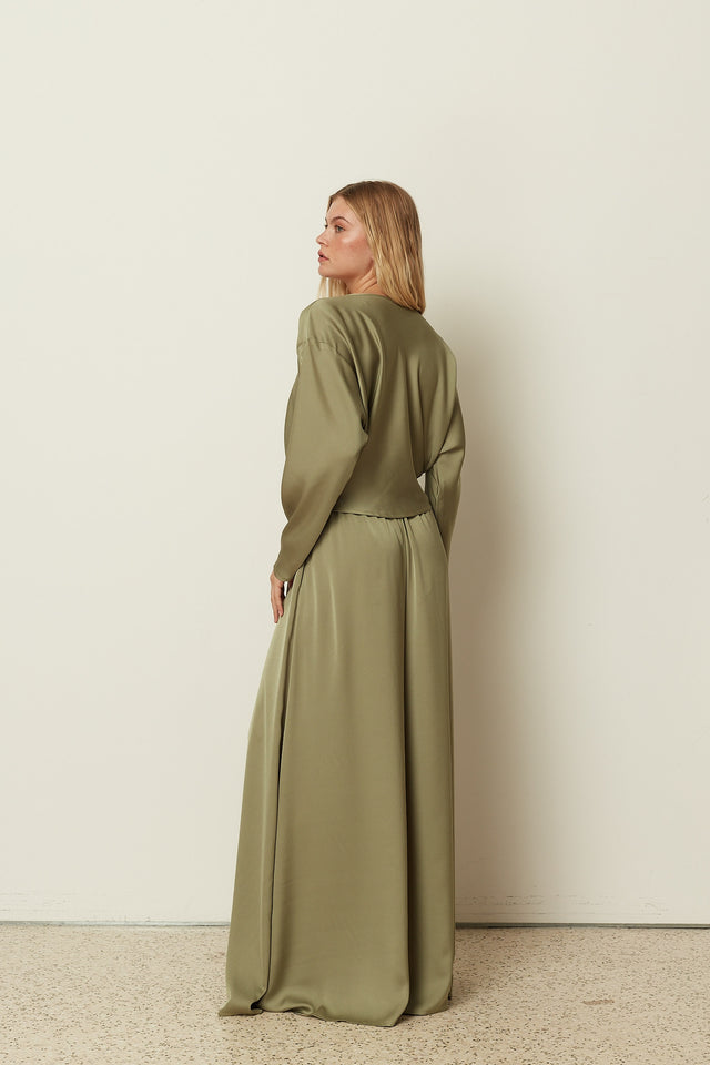 KHAKI SATIN WIDE-LEG PANTS