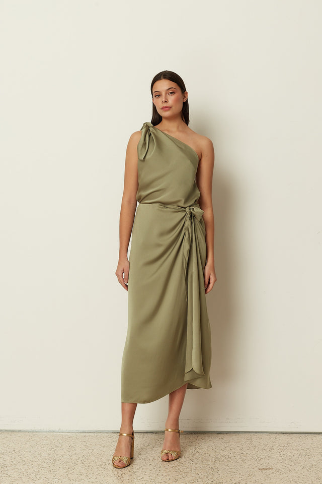 KHAKI SATIN ONE-SHOULDER TOP