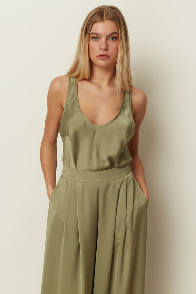 KHAKI COTTON SATIN TOP