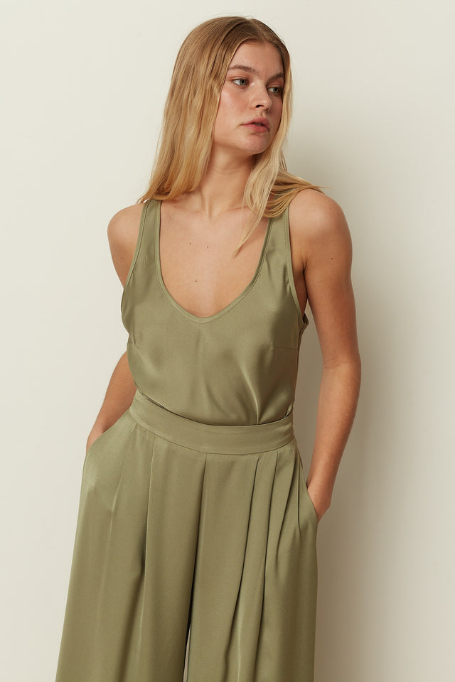 KHAKI COTTON SATIN TOP