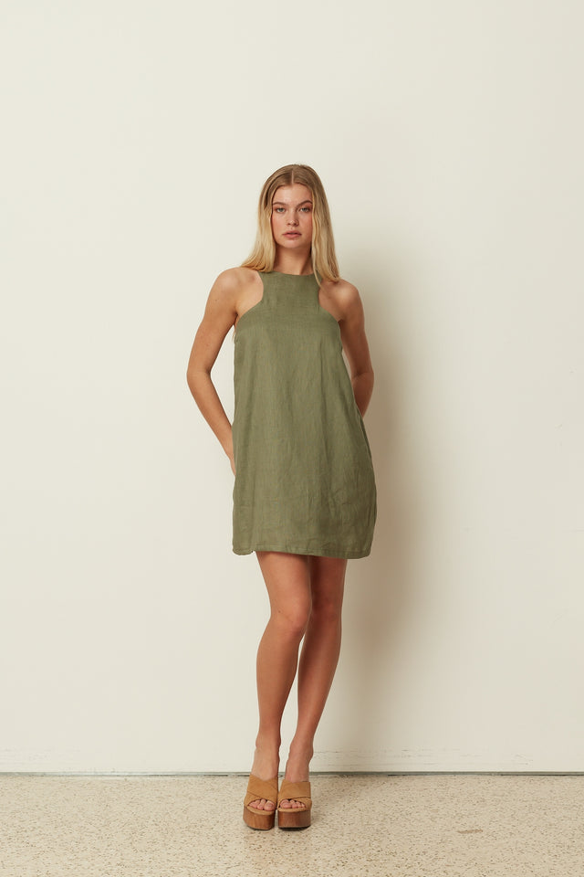 KHAKI LINEN MINI DRESS