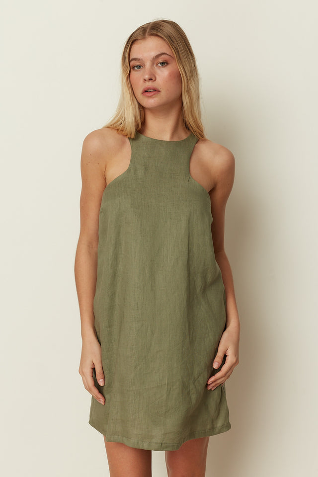 KHAKI LINEN MINI DRESS