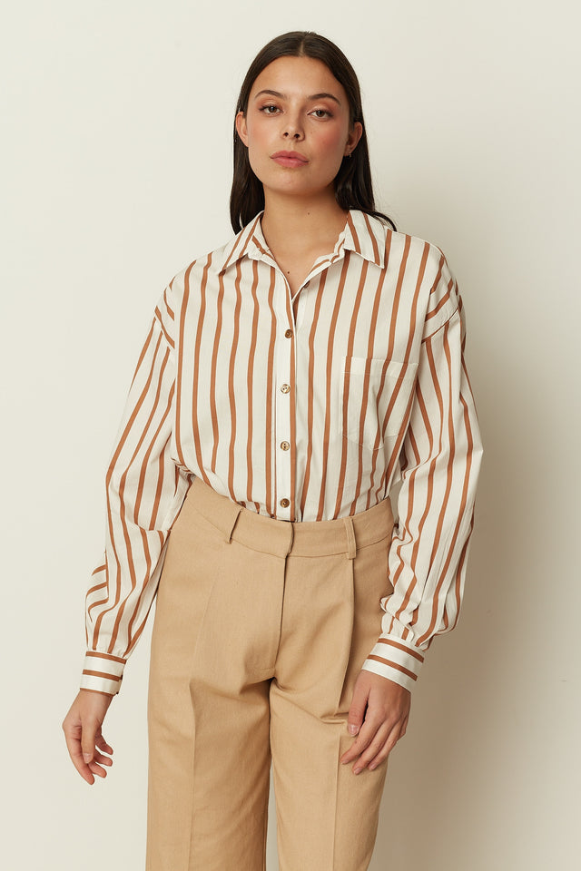 BEIGE COTTON POPLIN STRIPED SHIRT