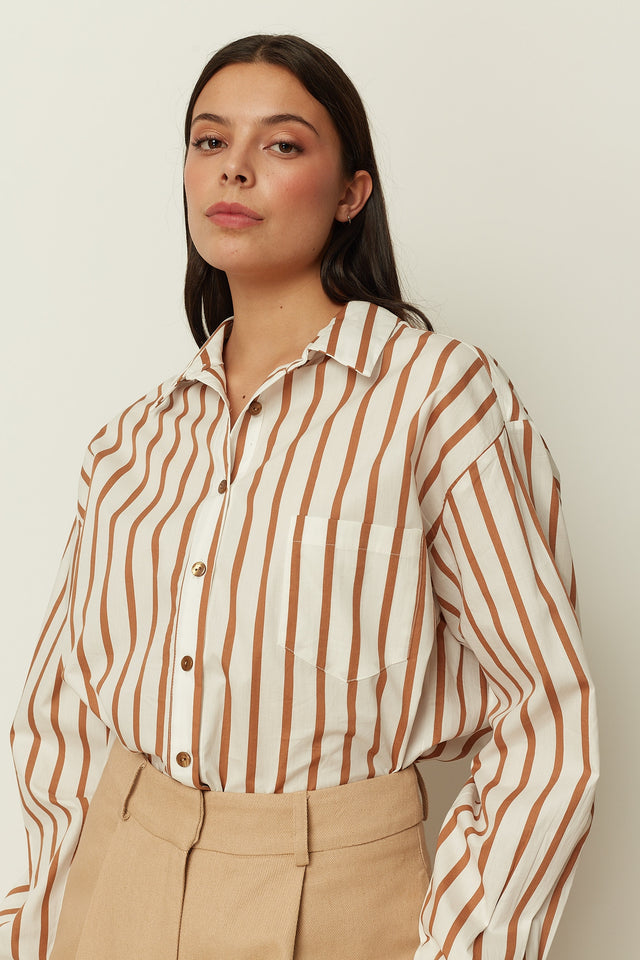 BEIGE COTTON POPLIN STRIPED SHIRT