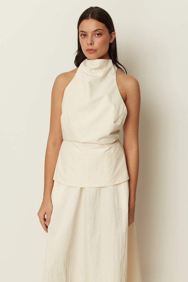 WHITE HALTER DRAPED TOP