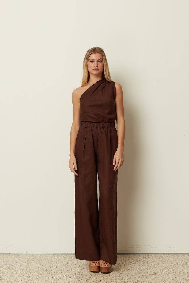 BROWN LINEN WIDE LEG PANTS