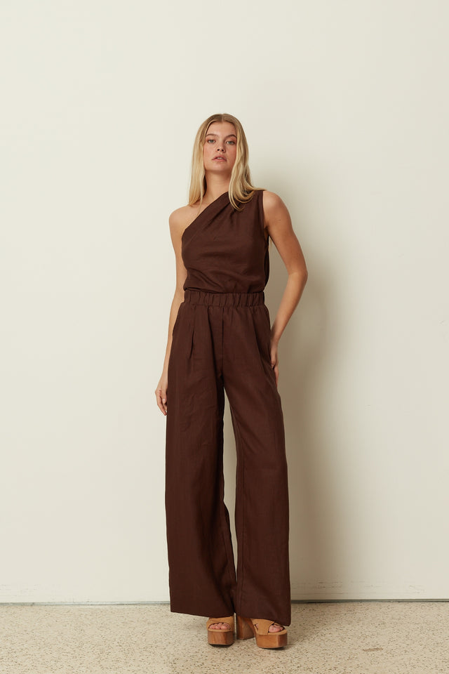 BROWN LINEN WIDE LEG PANTS
