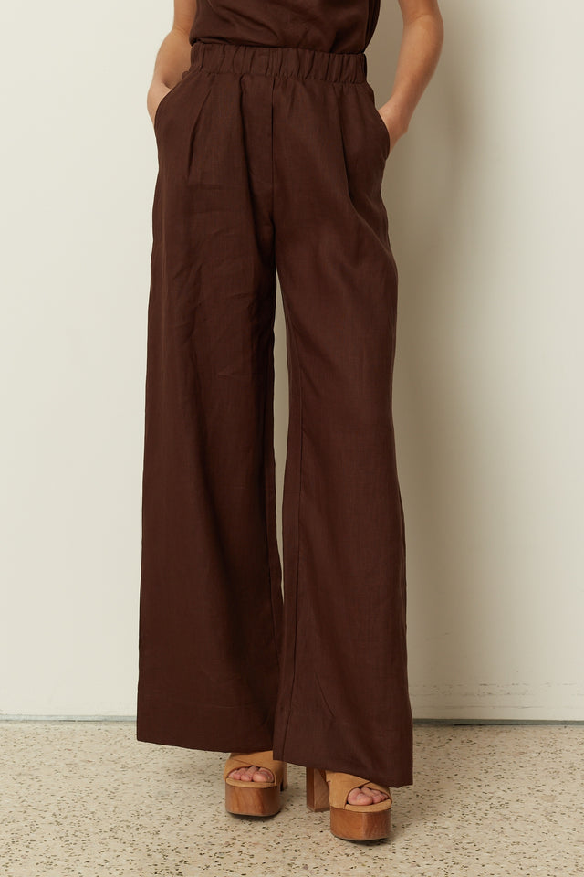 BROWN LINEN WIDE LEG PANTS
