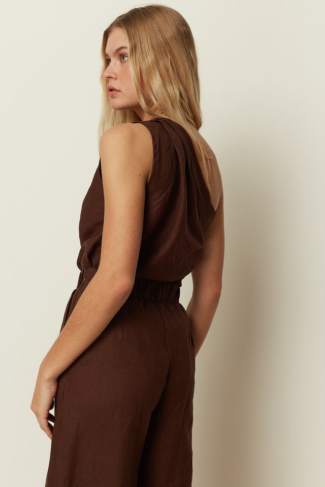 BROWN LINEN ONE-SHOULDER TOP