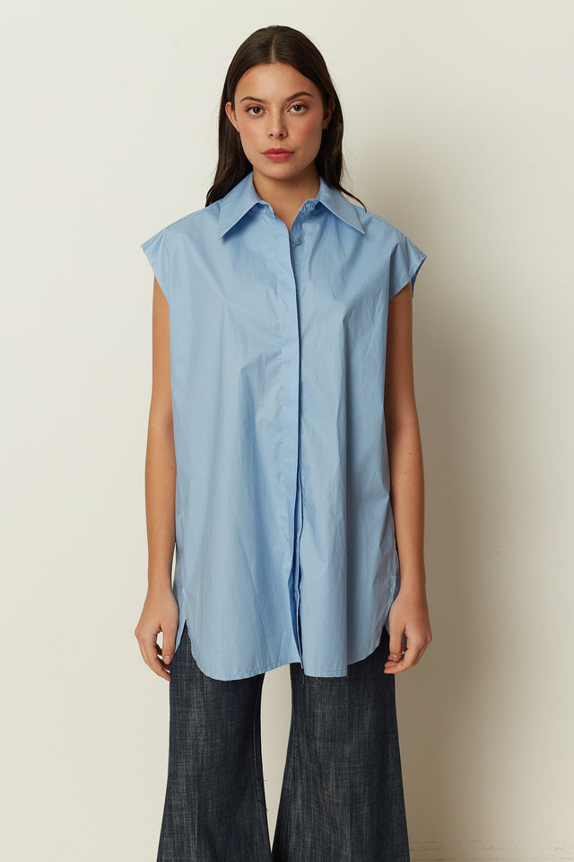 BLUE SLEEVELESS SHIRT DRESS