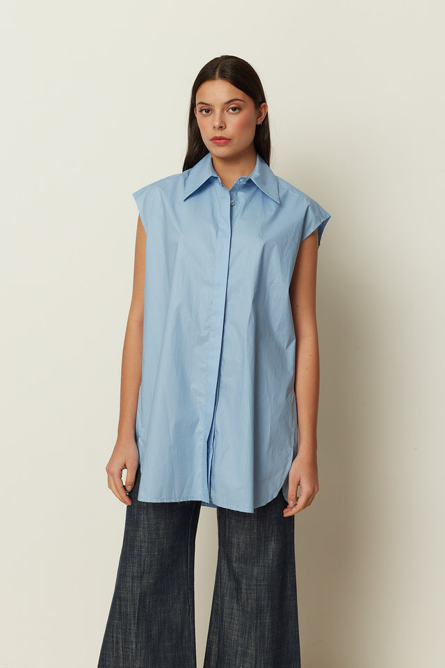 BLUE SLEEVELESS SHIRT DRESS