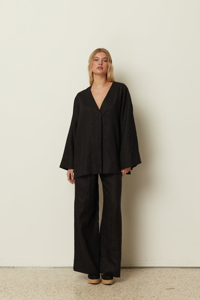 BLACK LINEN WIDE LEG PANTS