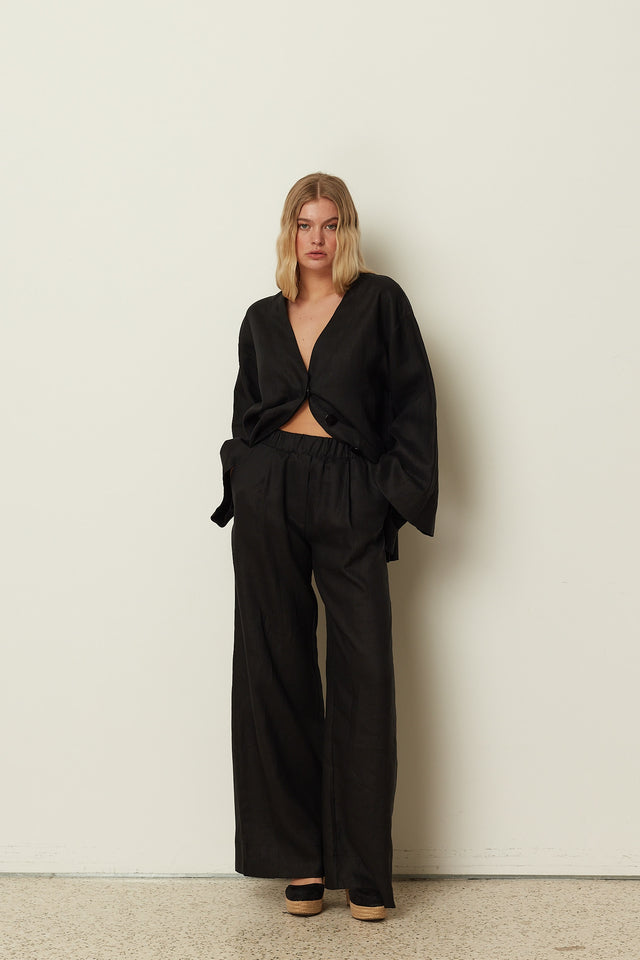 BLACK LINEN WIDE LEG PANTS