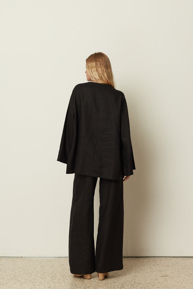 BLACK LINEN WIDE LEG PANTS
