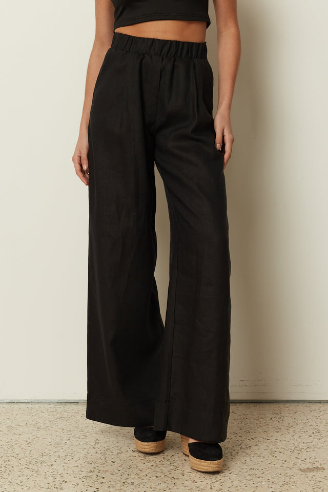 BLACK LINEN WIDE LEG PANTS