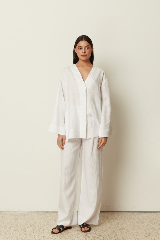 WHITE LINEN WIDE LEG PANTS