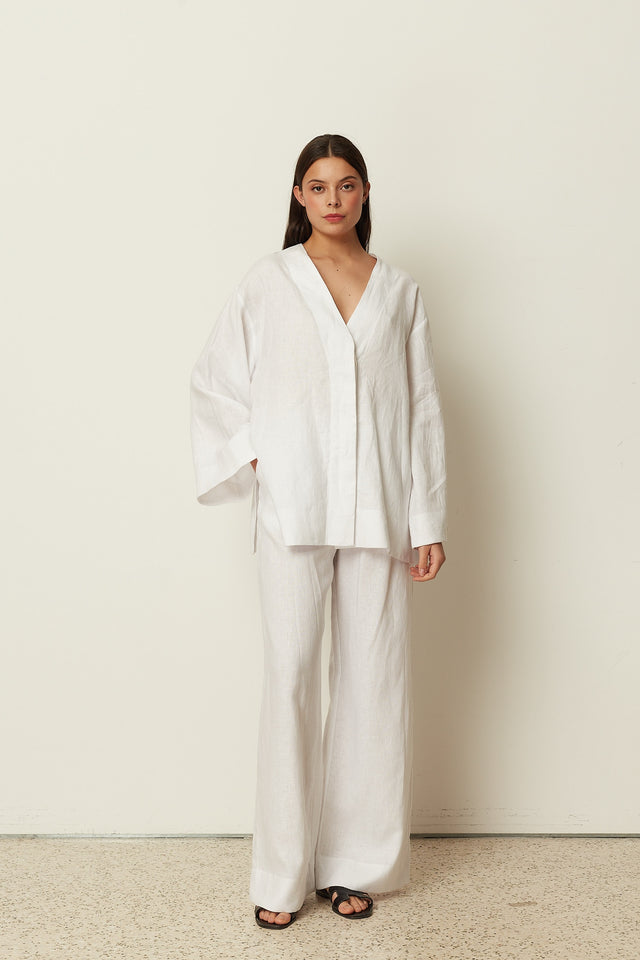 WHITE LINEN WIDE LEG PANTS