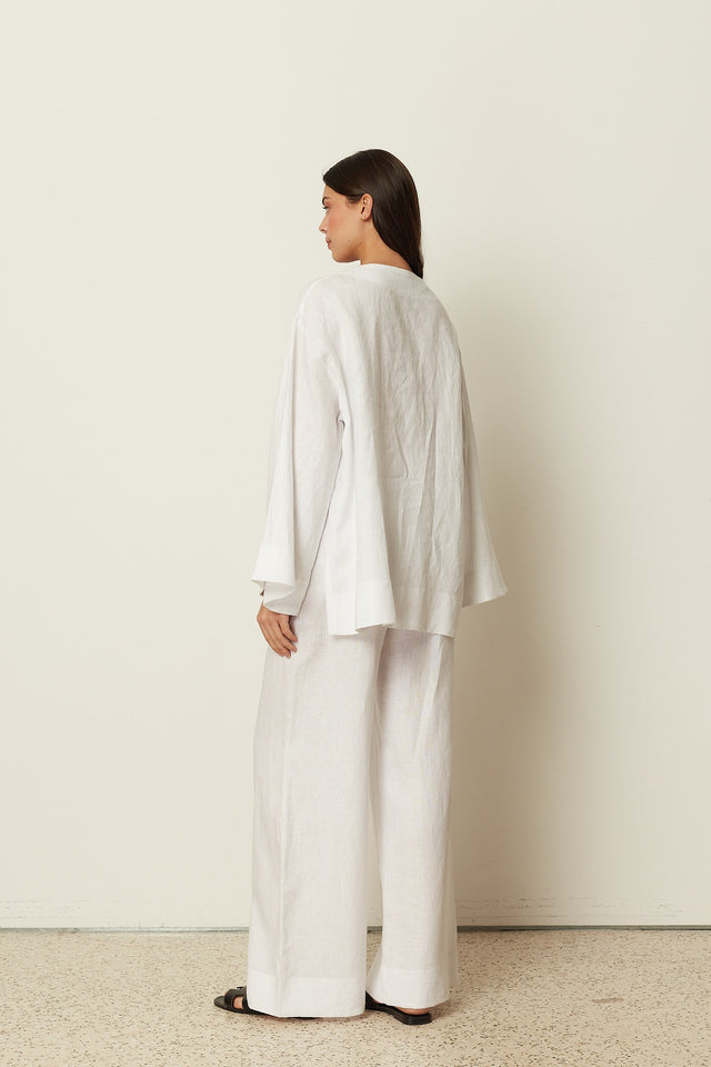 WHITE LINEN WIDE LEG PANTS