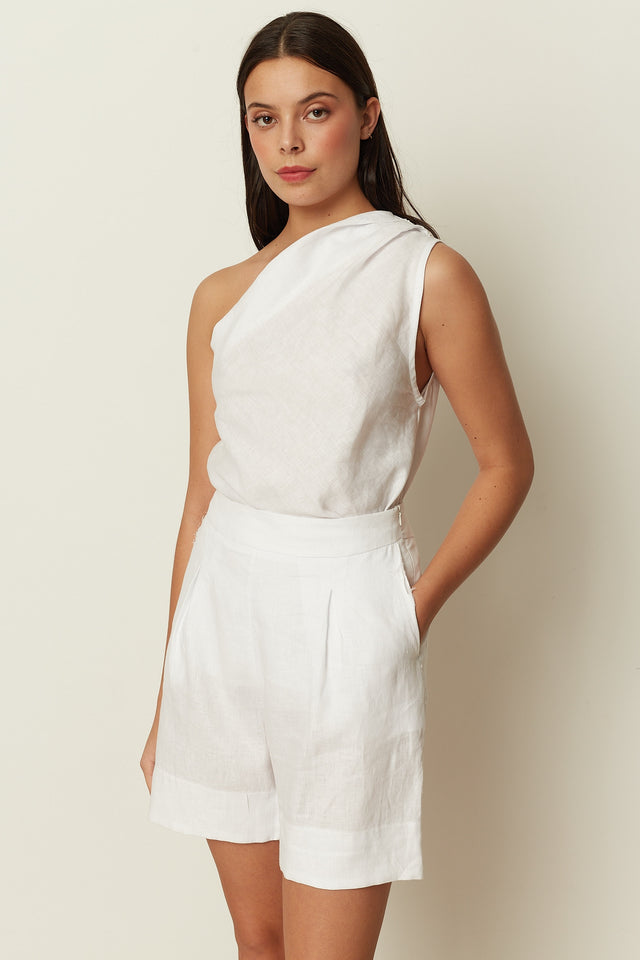 WHITE LINEN ONE-SHOULDER TOP