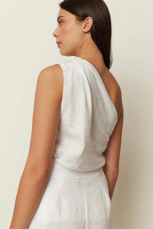 WHITE LINEN ONE-SHOULDER TOP