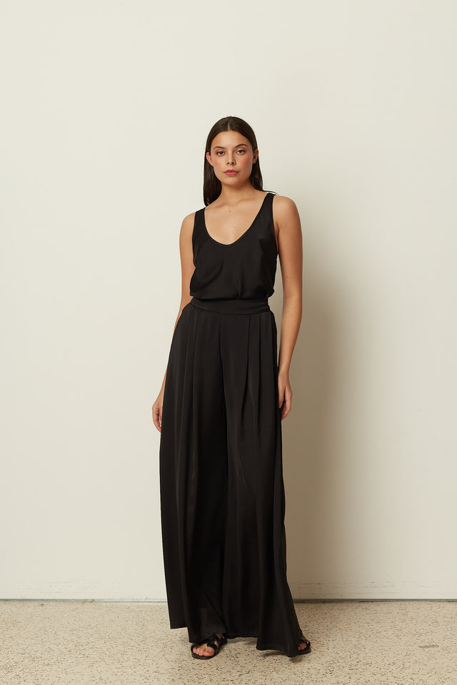BLACK SATIN WIDE-LEG PANTS