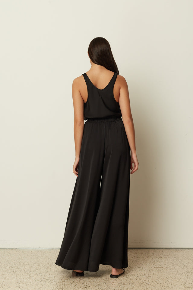 BLACK SATIN WIDE-LEG PANTS