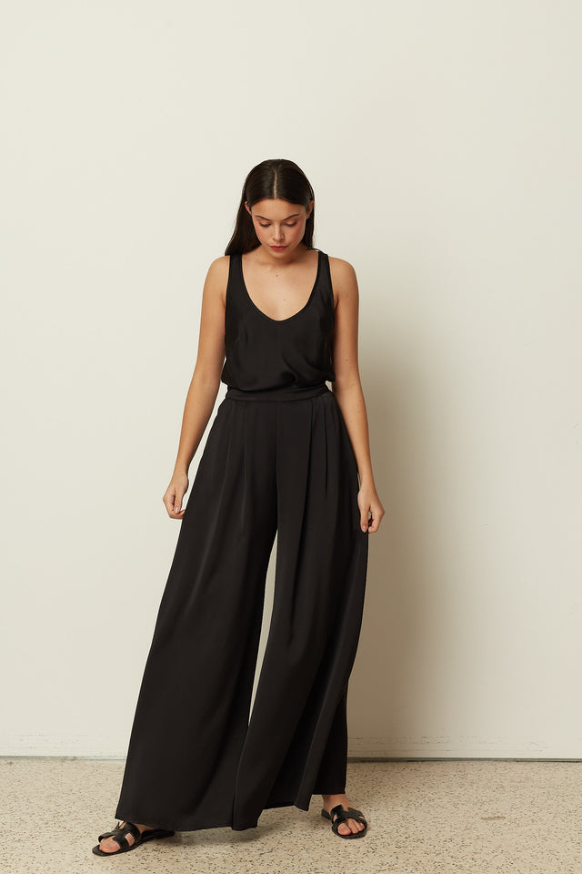 BLACK SATIN WIDE-LEG PANTS